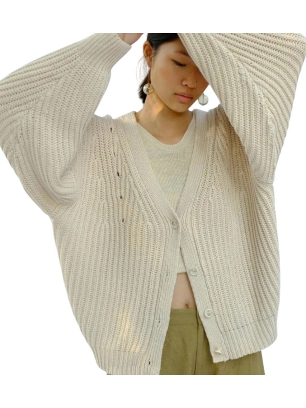 Micaela Greg Chunky Knit Coto Cotton V-Neck Cardigan M Vanilla